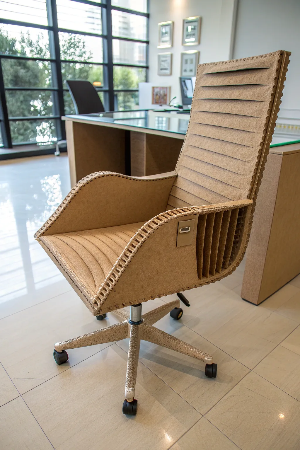 Elevate your workspace with this chic cardboard office chair, where craftsmanship meets contemporary design.