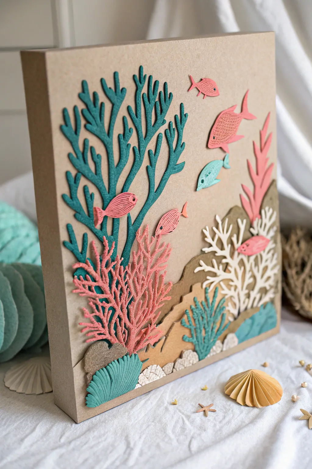 Dive into the serene beauty of this cardboard underwater scene, where craftsmanship meets nature.