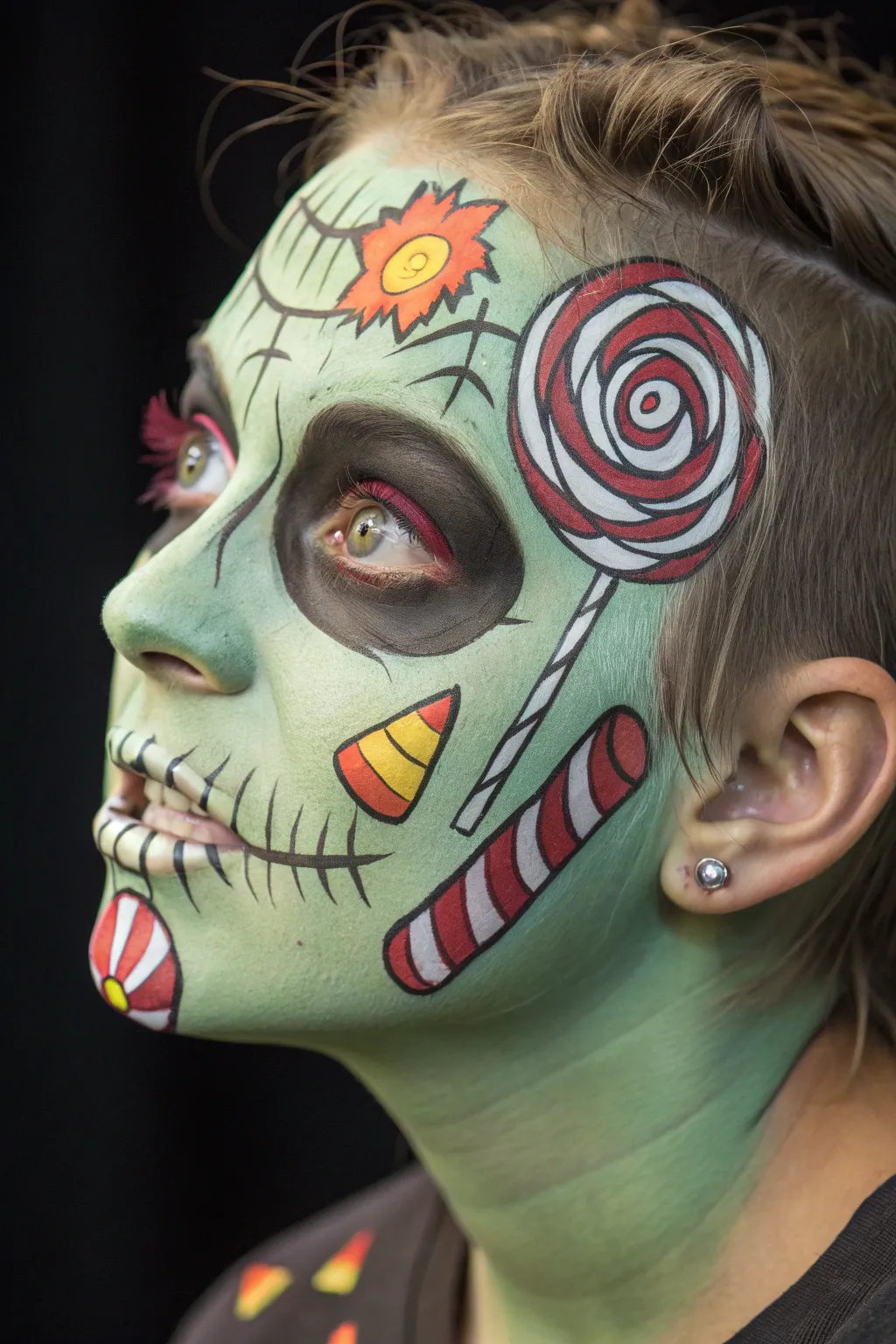 Indulge in the sweet side of spooky with this candy-inspired zombie face paint!