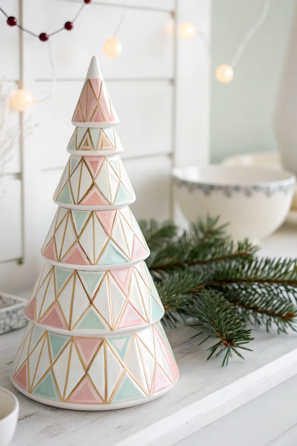 Transform holiday decor with modern geometric designs on a ceramic tree, blending simplicity with artistic flair.