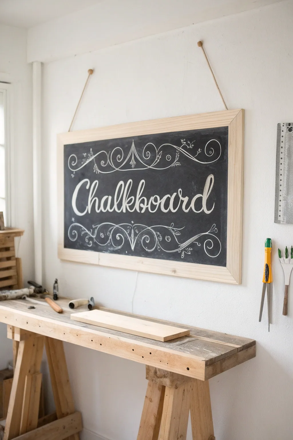 Organize your creativity with style: A minimalist's dream chalkboard for your workshop.