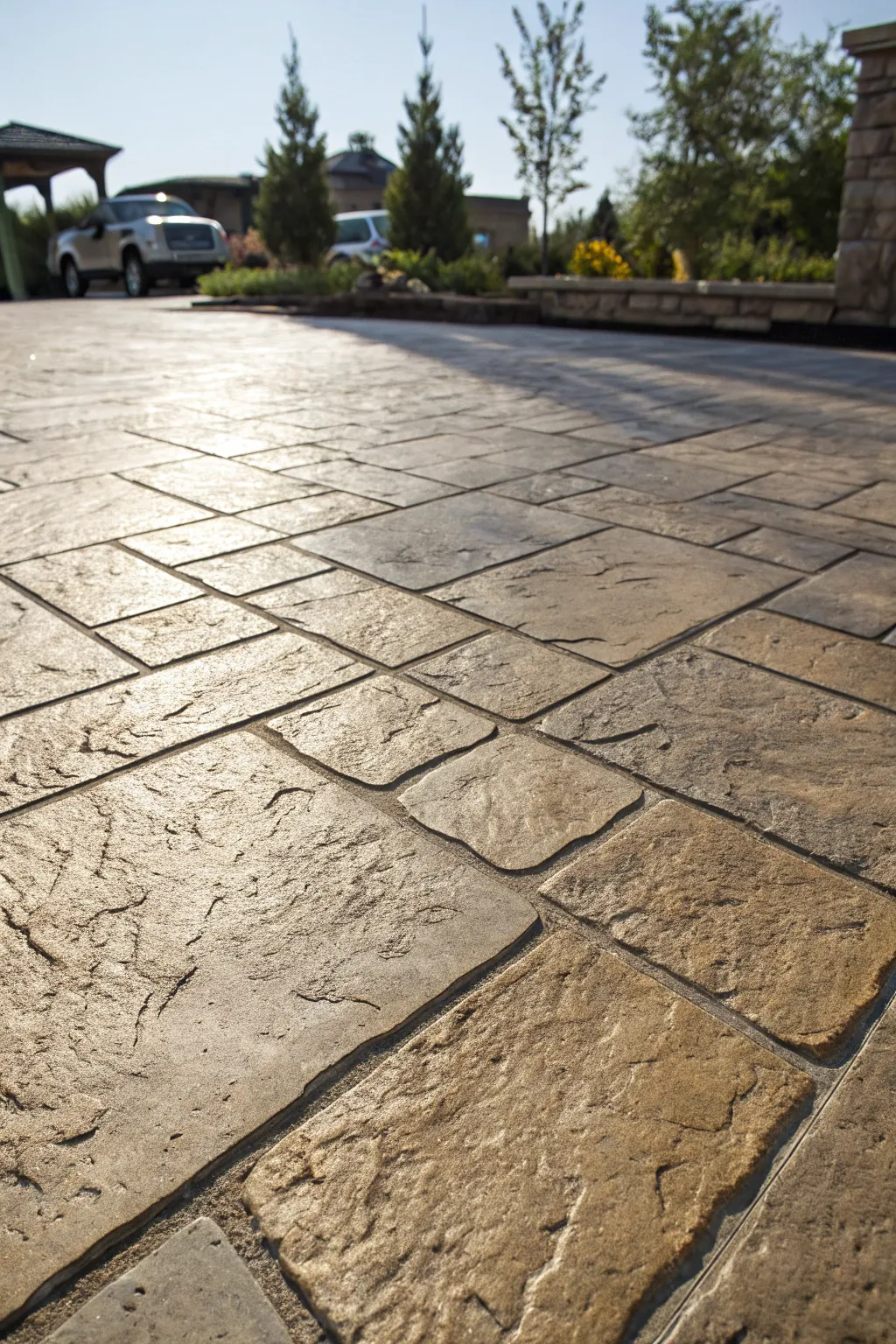 Transform your parking space with the elegance of stamped concrete—stone-look without the cost.