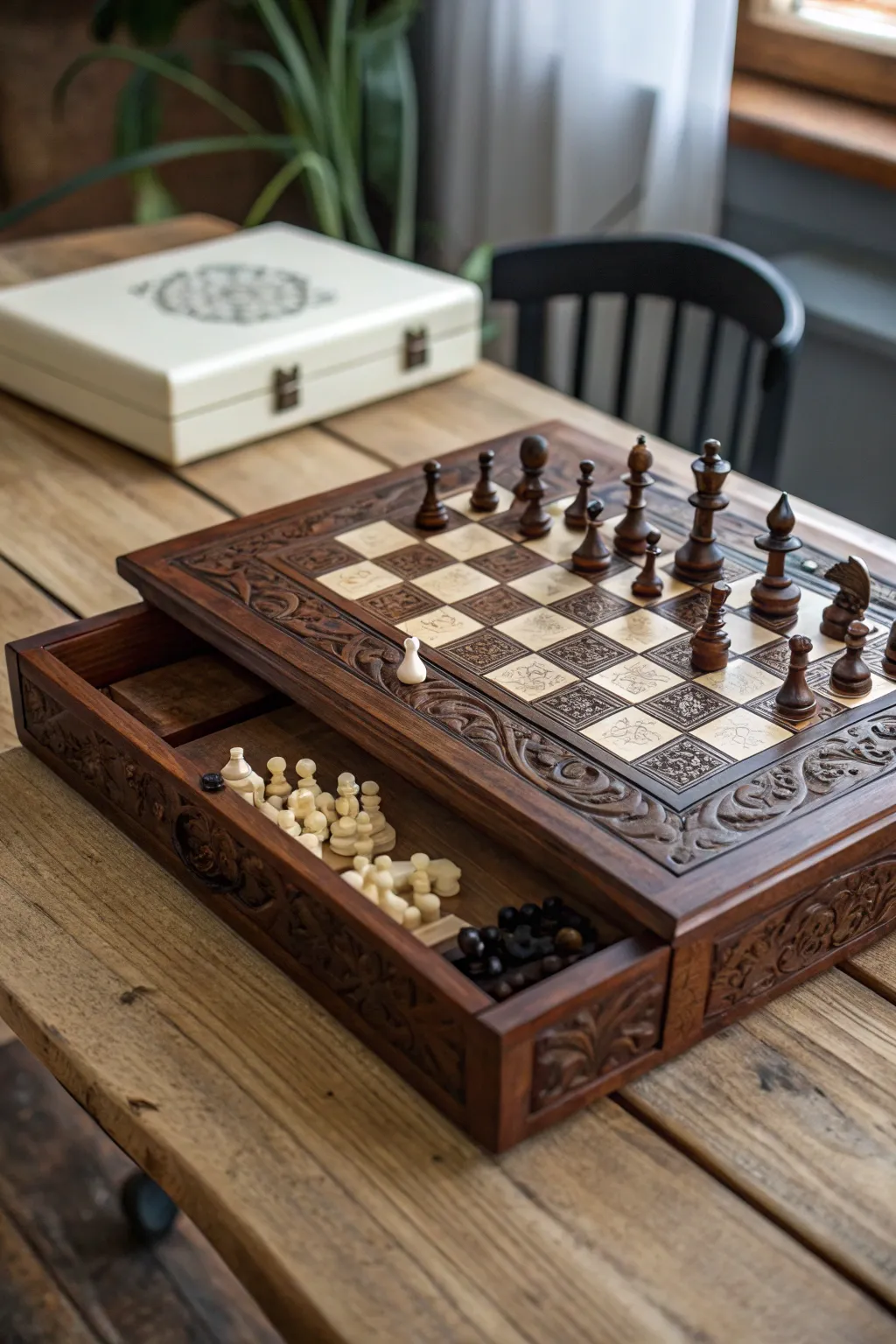 Keep your game tidy and stylish with this elegant chess board featuring hidden storage. A masterpiece of craftsmanship!
