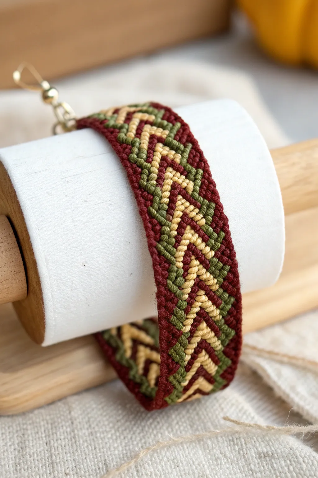 Embrace the cozy elegance of fall with this stunning chevron bracelet in rich autumnal hues.