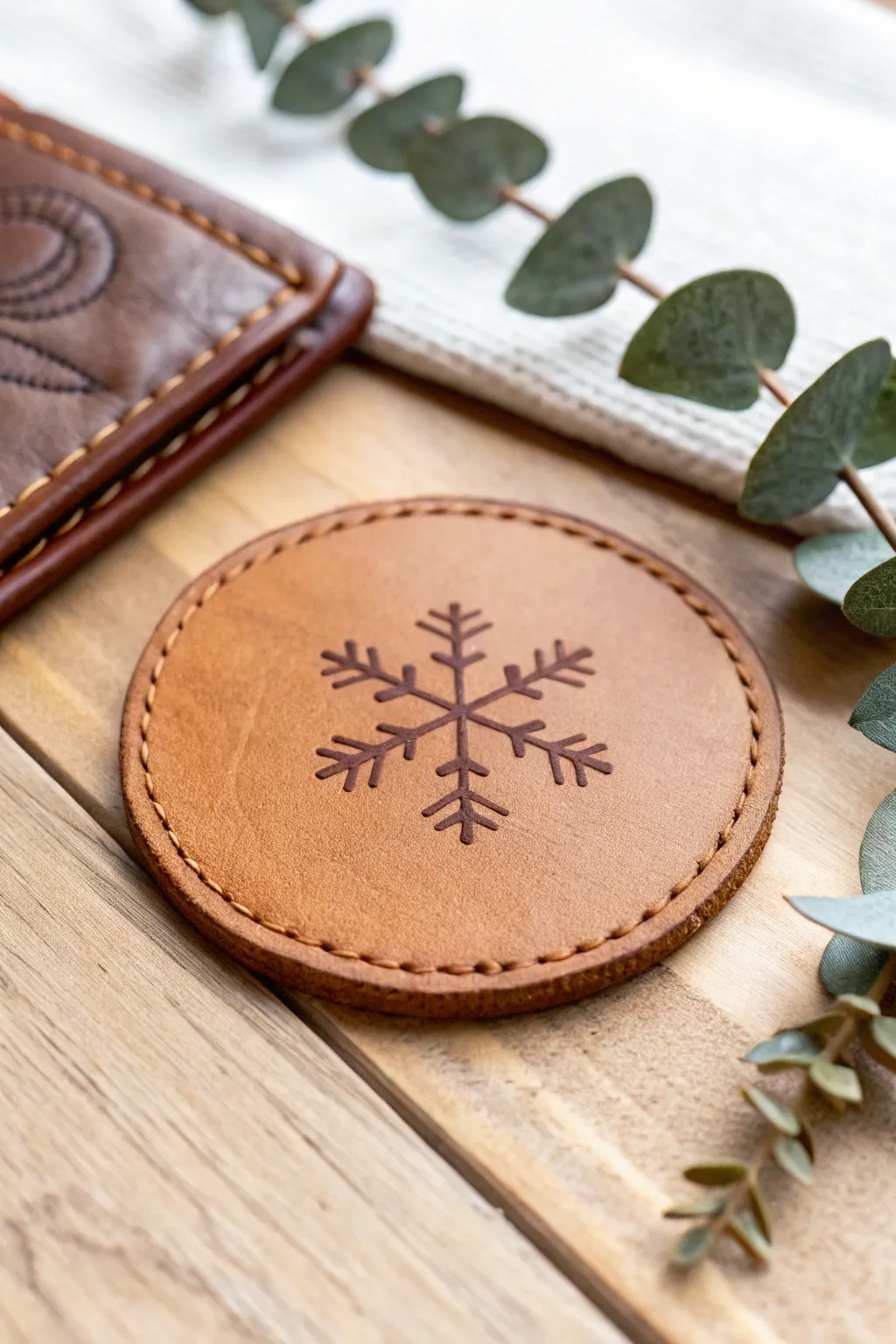 Elevate your holiday decor with sophisticated stamped leather coasters.