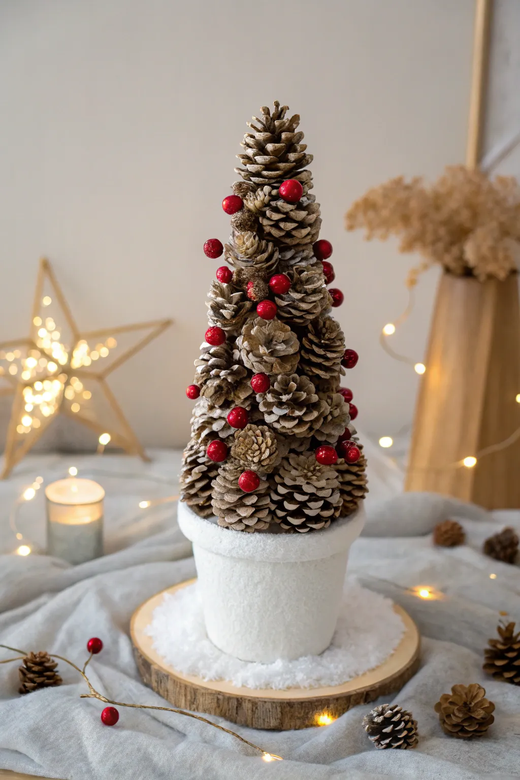 Elevate your holiday décor with a chic pinecone topiary, blending minimalist elegance with festive charm.