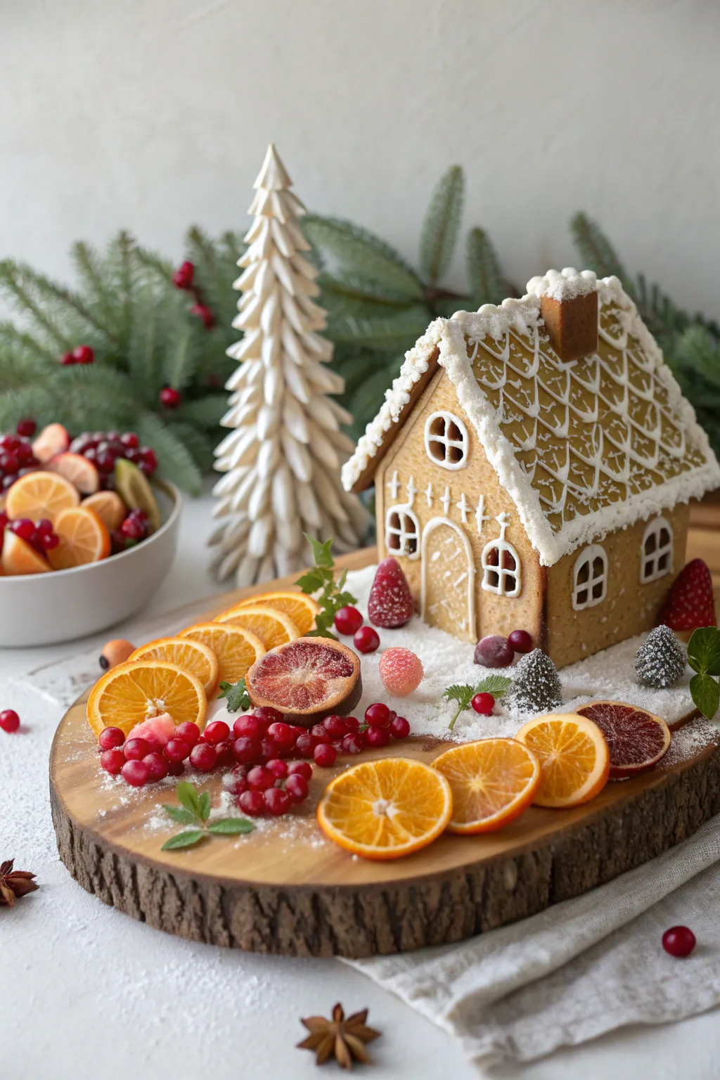 Whisk yourself away to a whimsical winter wonderland with this charming gingerbread fruit scene—a delightful blend of holiday magic and natural beauty!