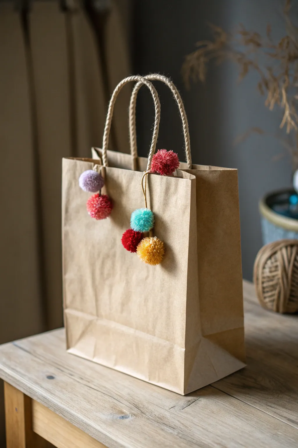 Add a festive pop of color to your Christmas gift bags with vibrant pom-poms!