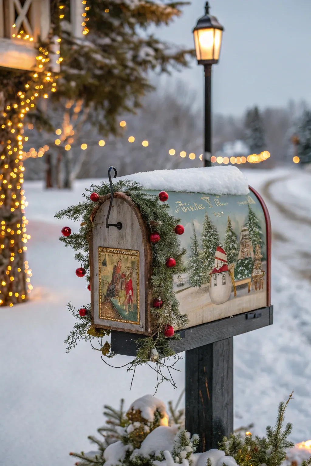 Evoke holiday nostalgia with a vintage postcard-themed mailbox cover.