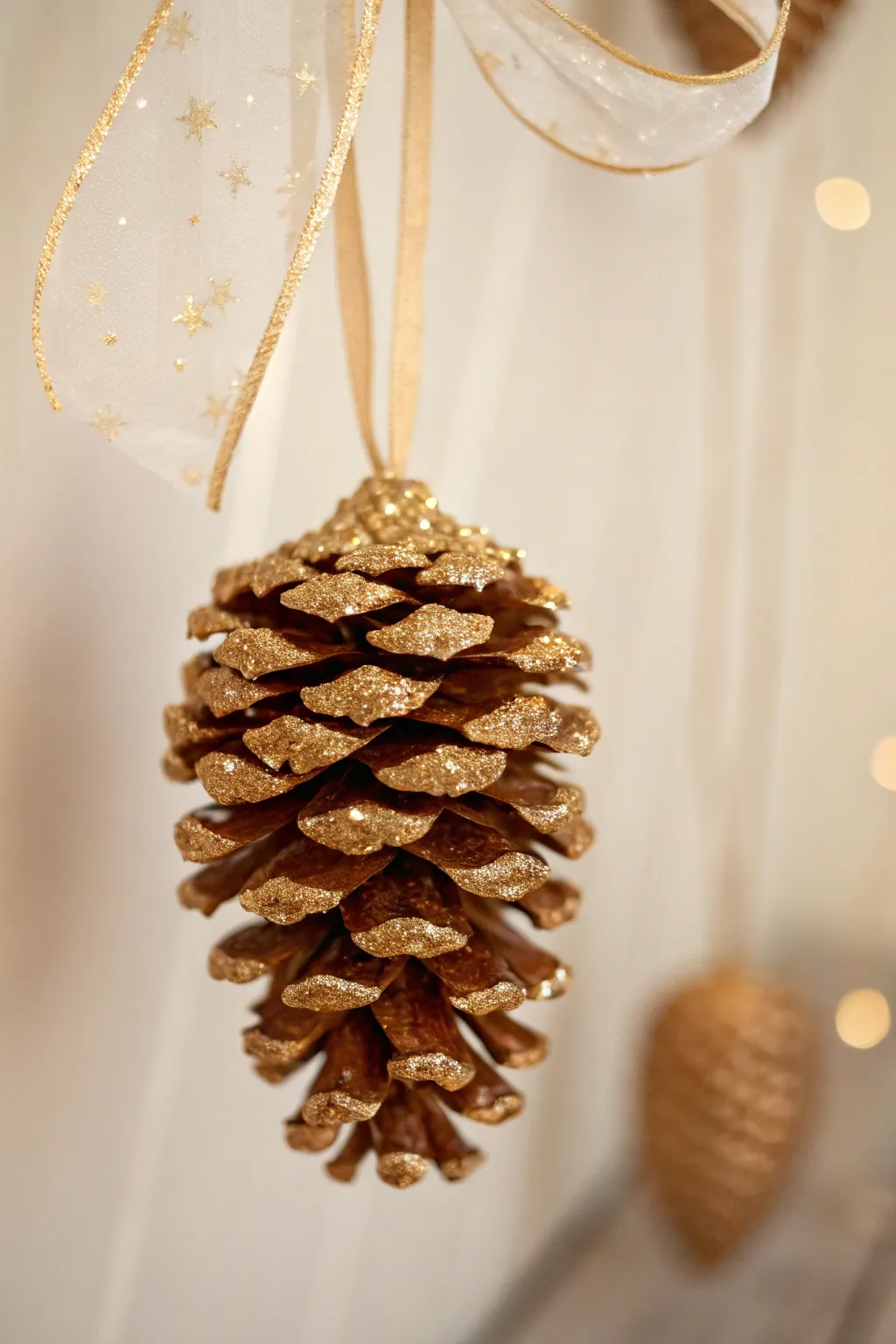 Add a touch of sparkle to your holiday decor with these enchanting glittery pinecone ornaments.