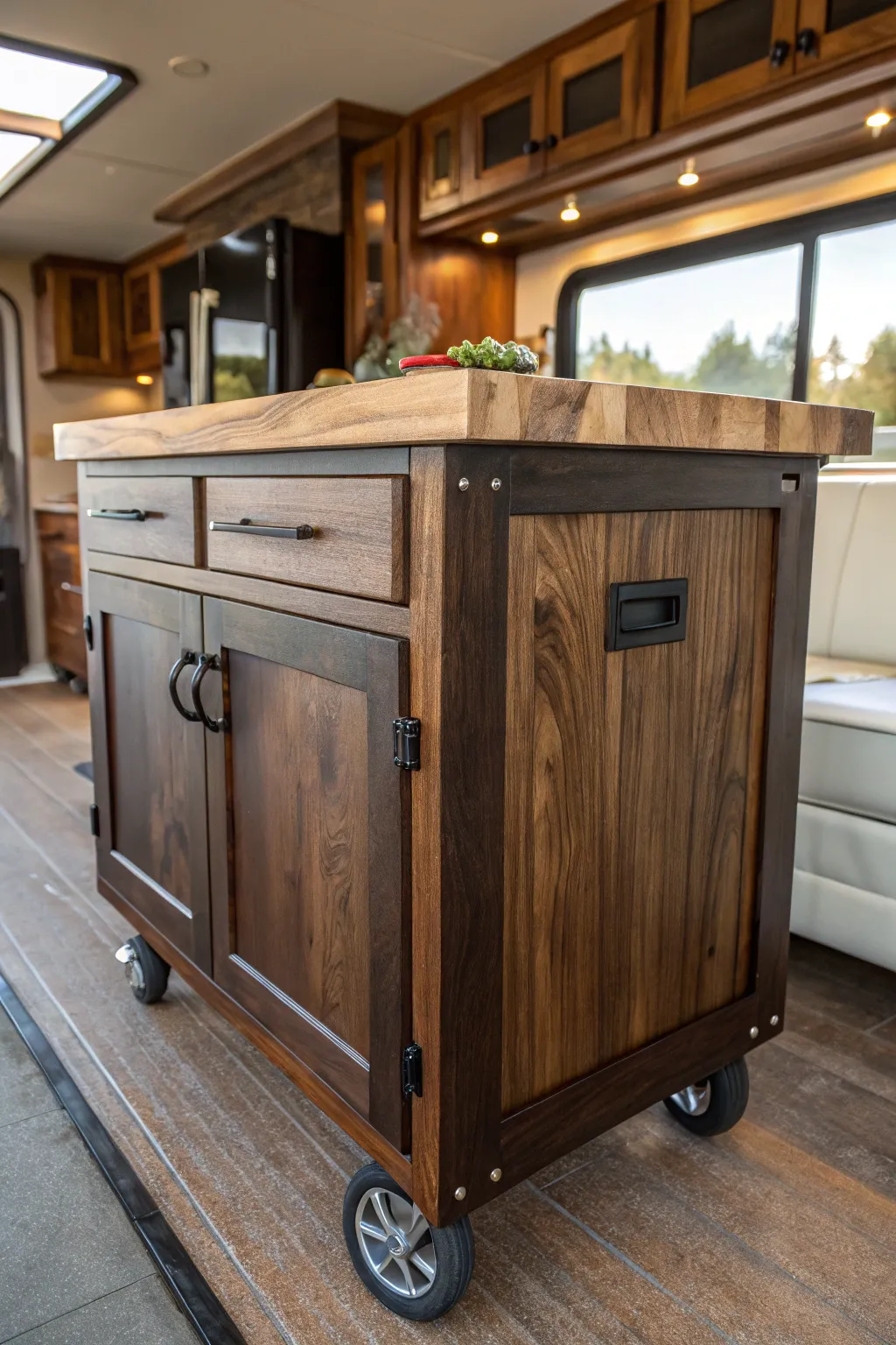 Transform your RV with a sleek, handcrafted kitchen island on wheels. Perfect for the modern nomad seeking style and functionality.