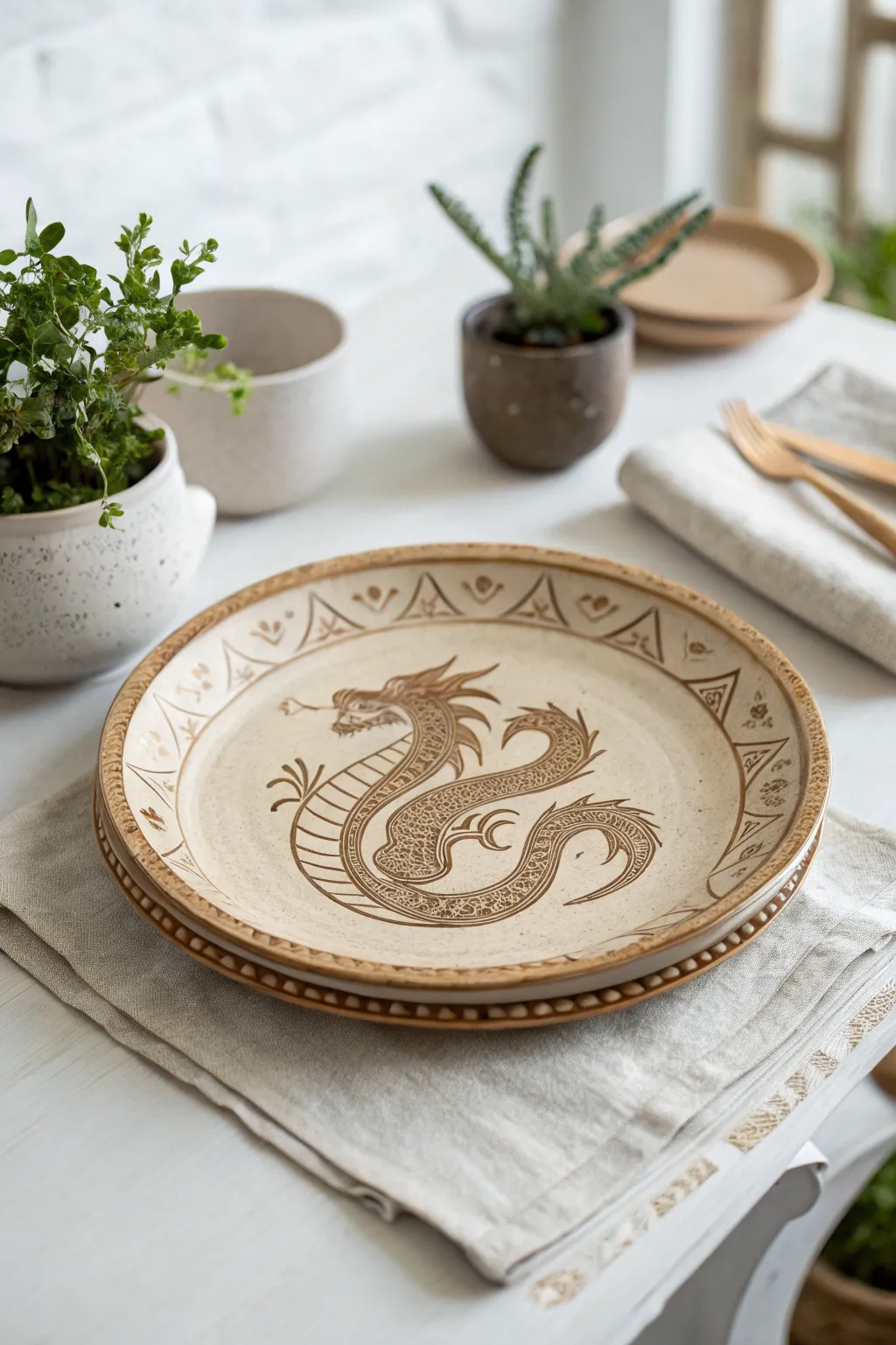 Enchant your table with handcrafted charm: a whimsical dragon-themed clay plate, where fantasy meets functionality.