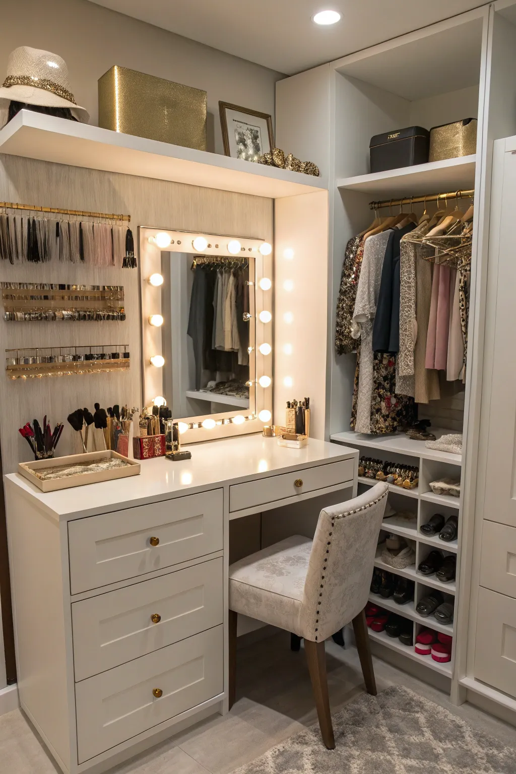 Closet with a vanity area for a comprehensive dressing experience.