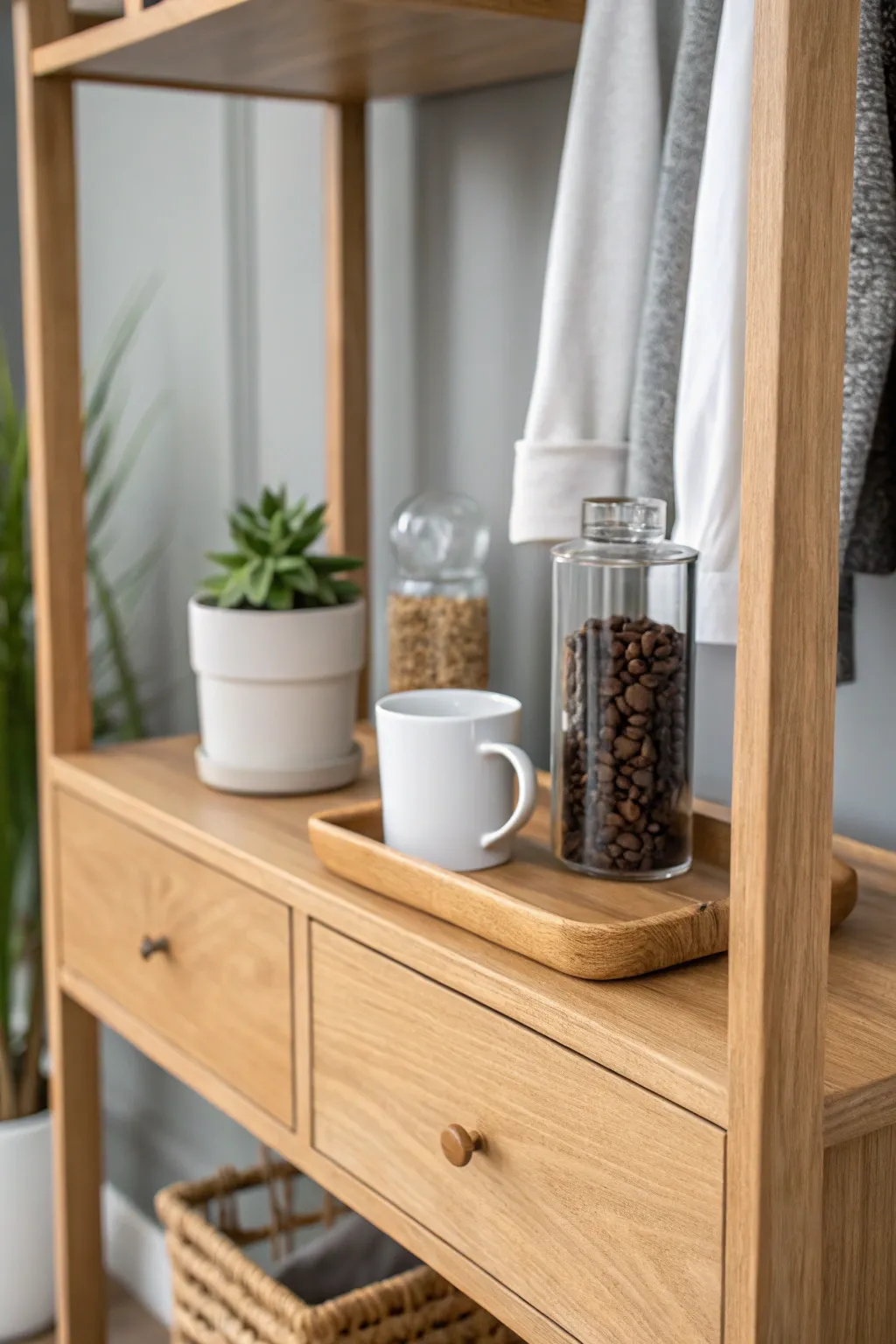 Discover the hidden joys of a minimalist coffee corner with secret compartments. #ScandinavianSimplicity #BohoCharm