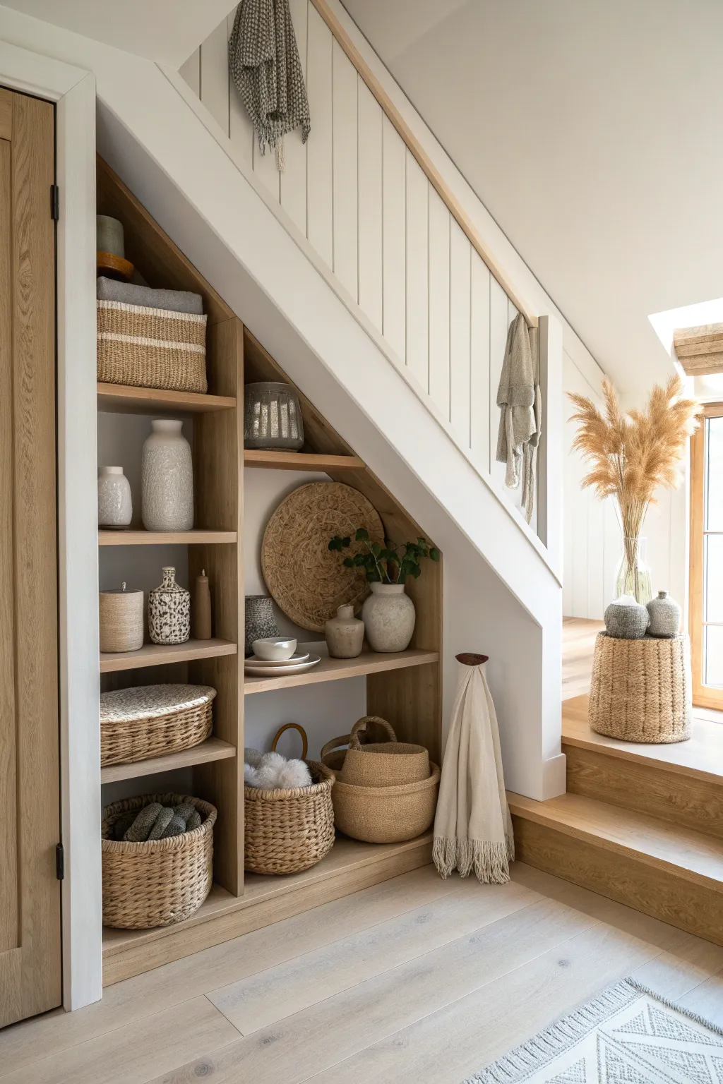 Infuse style into your home with under-stair open shelving.