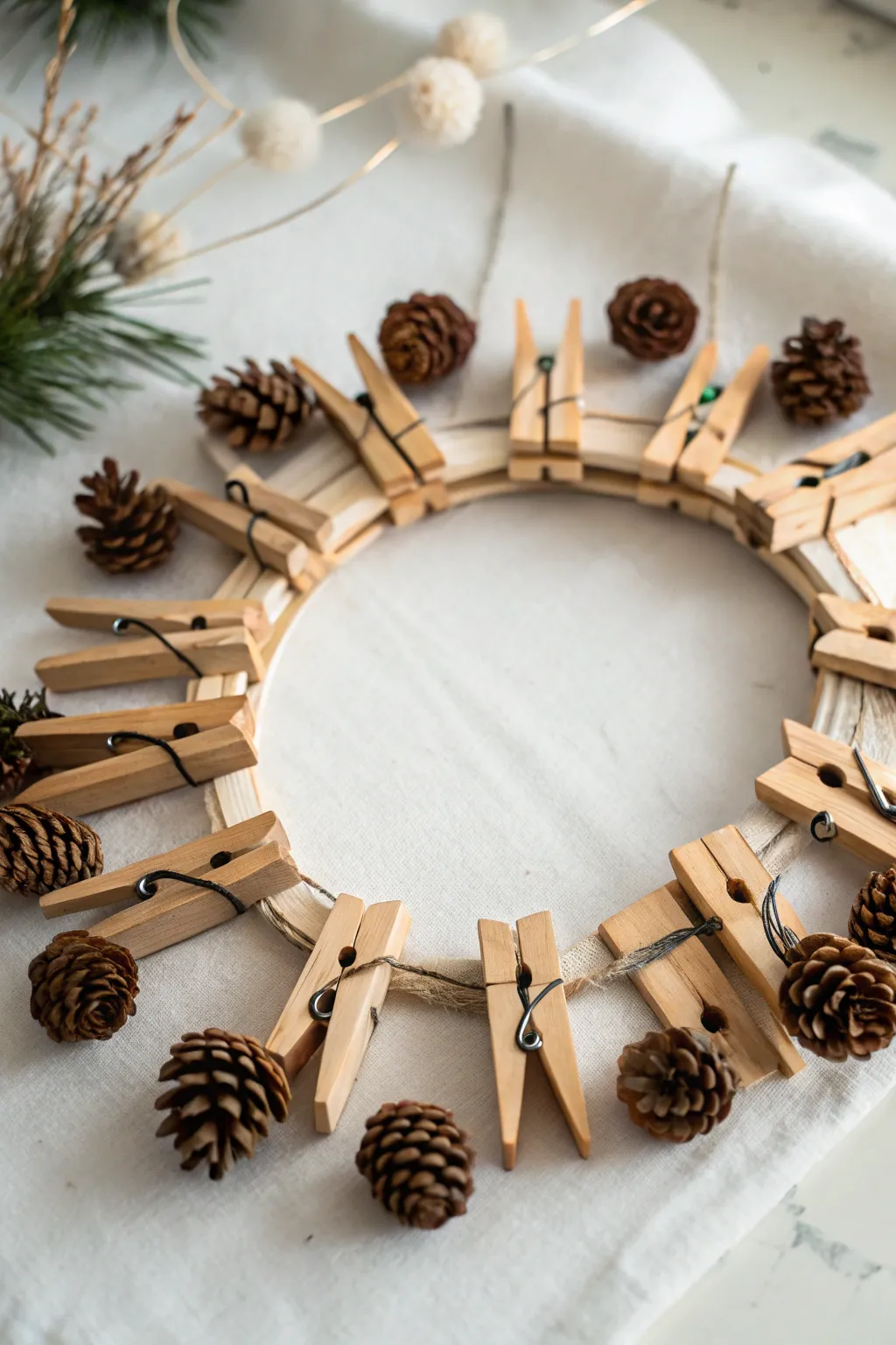 Bring a touch of the outdoors inside with this minimalist pinecone wreath, perfect for adding rustic charm and natural elegance to your home decor.