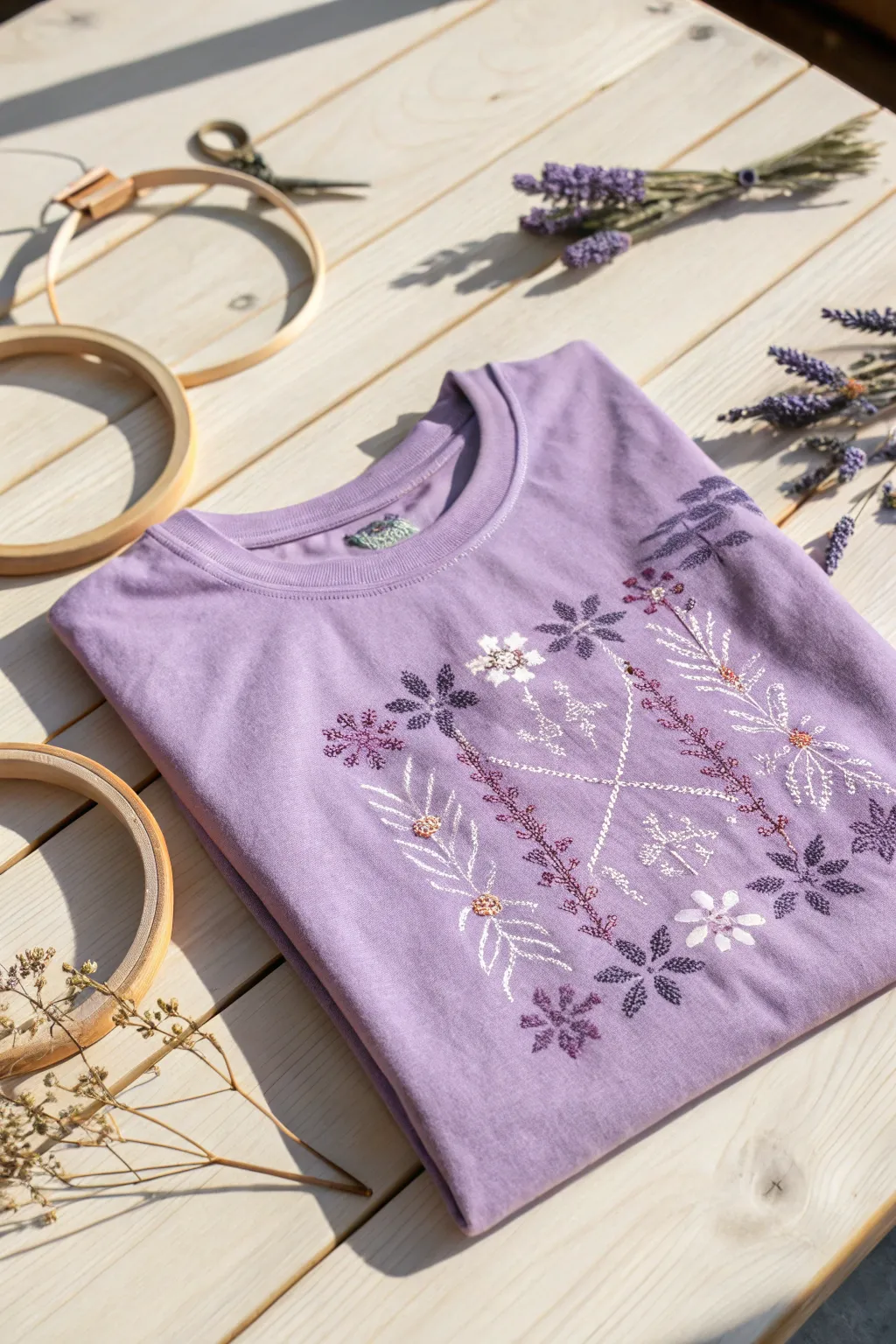 Embrace nostalgia with handcrafted cross-stitch elegance on your purple tee.
