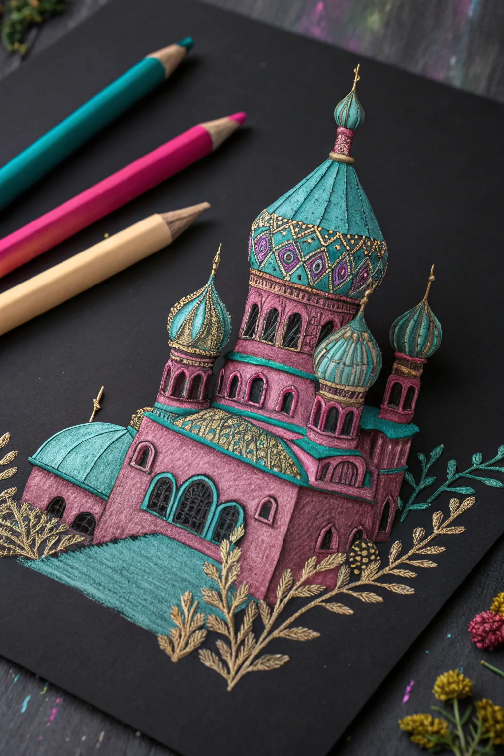 Immerse in the surreal elegance of fantasy architecture, where vibrant hues meet minimalist charm.