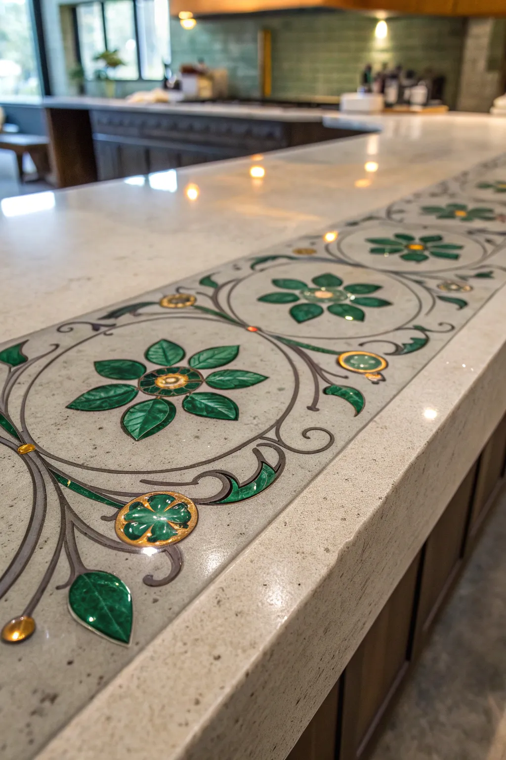 Elevate your space with the timeless elegance of jadeite inlays in concrete countertops.