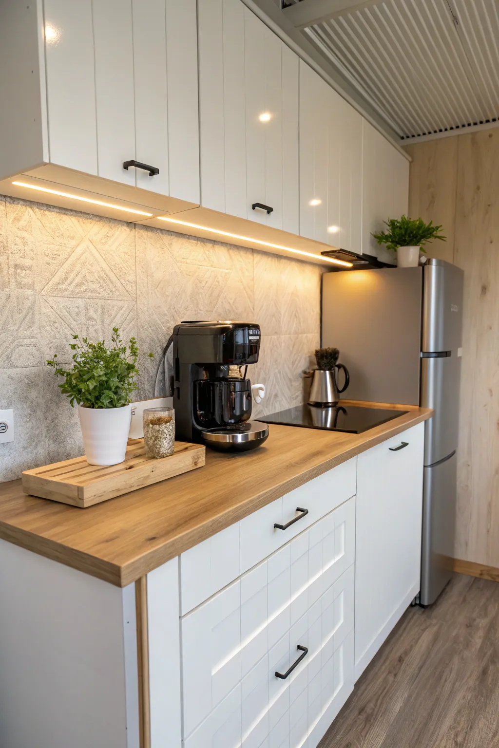 Brew creativity in style with this compact kitchen oasis, perfect for your container office.
