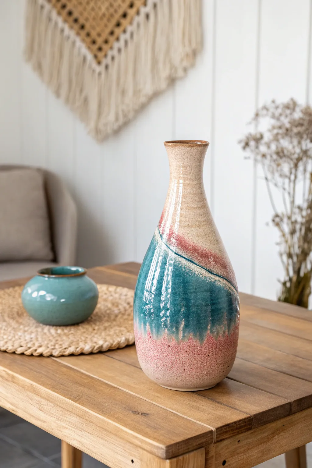 Discover the beauty of unexpected color combinations in ceramics. This handcrafted vase blends deep teal, soft blush, and earthy ochre for a stunning twist on tradition.