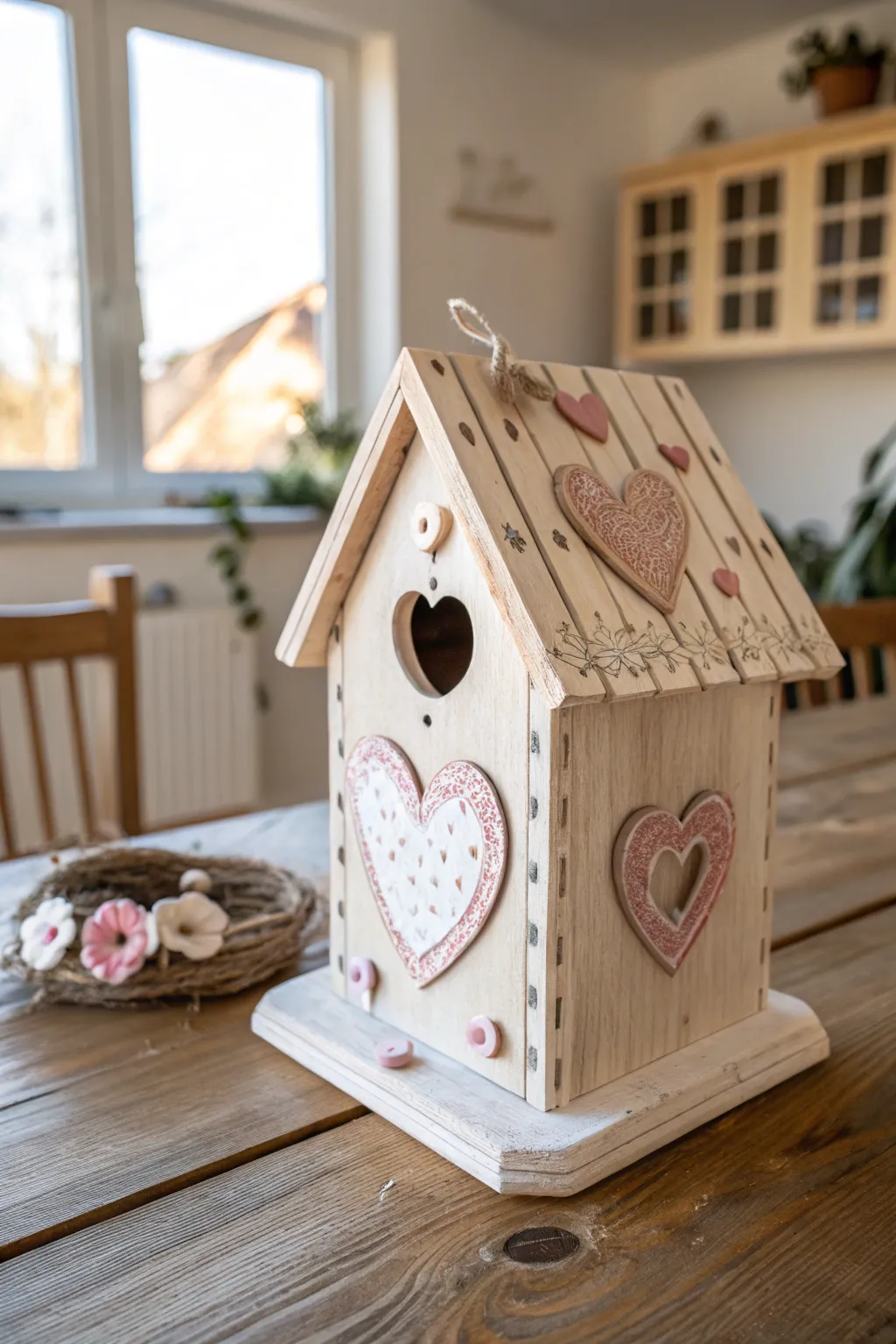 Embrace whimsy and nature with this charming birdhouse Valentine box, where simplicity meets romance.