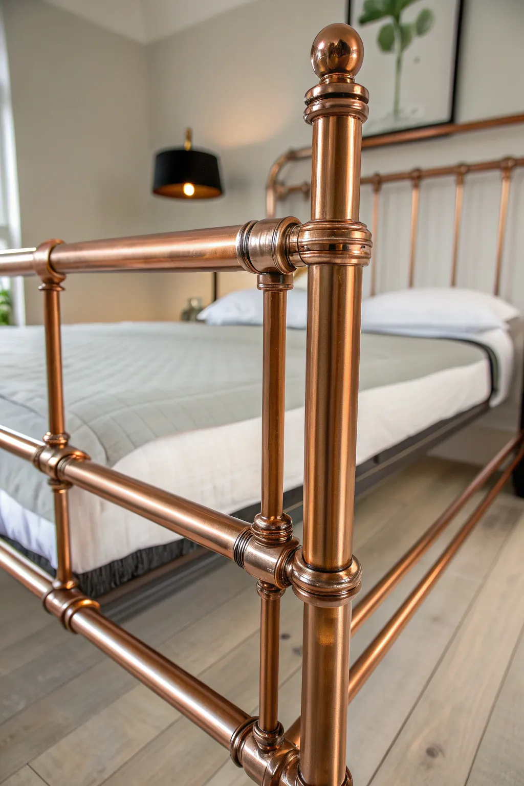 Transform your bedroom into a statement of style with a handcrafted copper pipe bed frame.