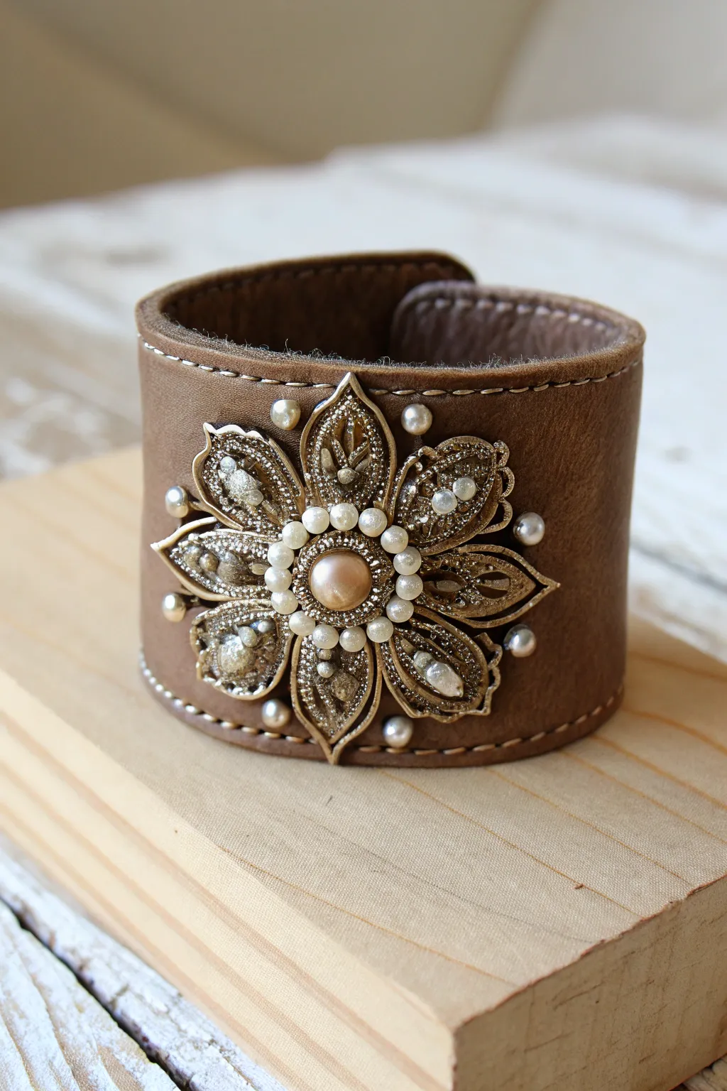 Elevate your style with this chic leather cuff and vintage brooch combo—where simplicity meets elegance.