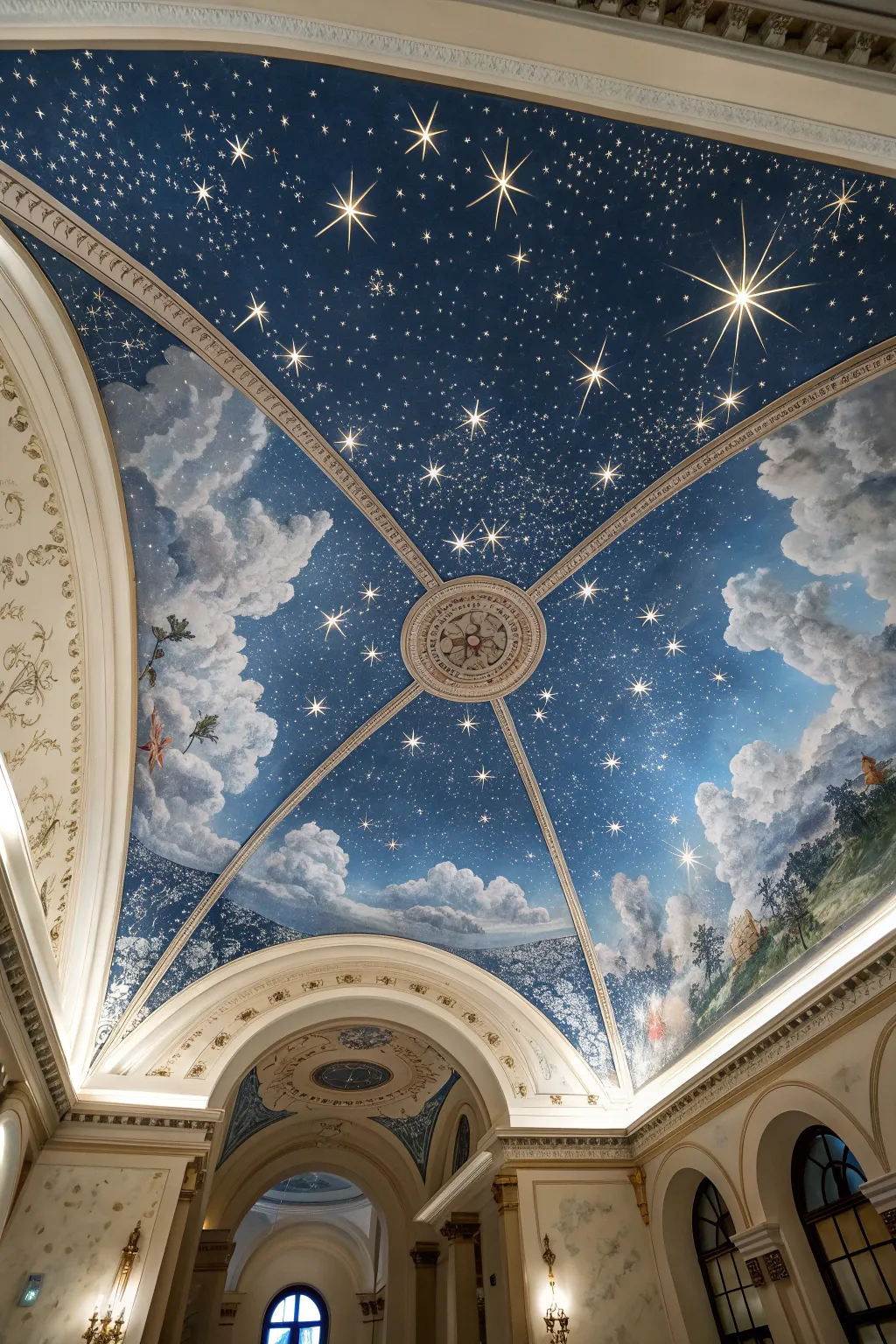 Transform your space with the artistry of a celestial ceiling mural, where craftsmanship meets the cosmos.
