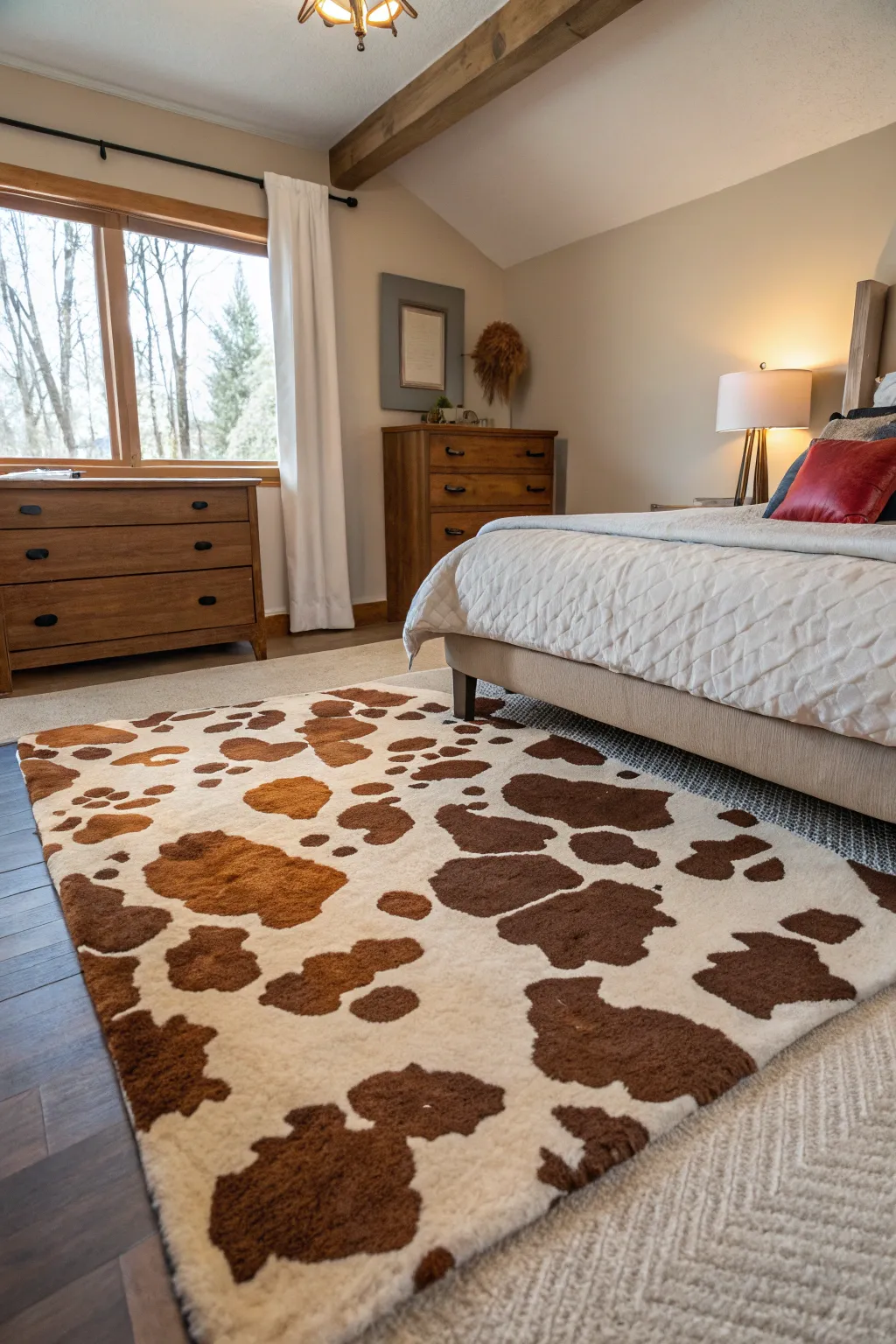 Bedroom featuring a cowhide rug with playful patterns.