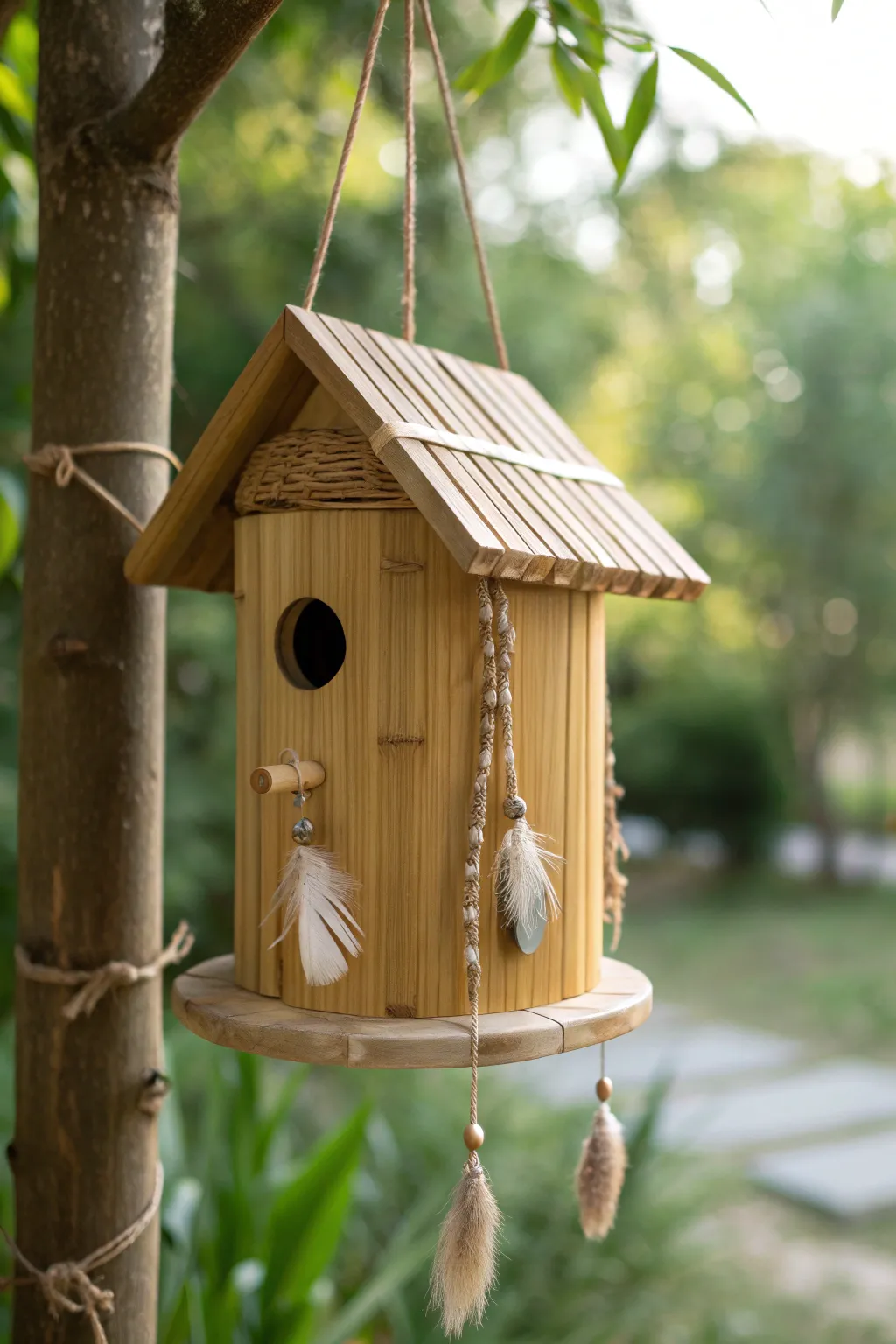 Invite nature home with this beautifully crafted bamboo birdhouse, where simplicity meets elegance.