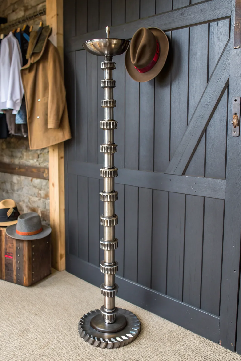 Elevate your entryway with the industrial elegance of a camshaft coat stand.