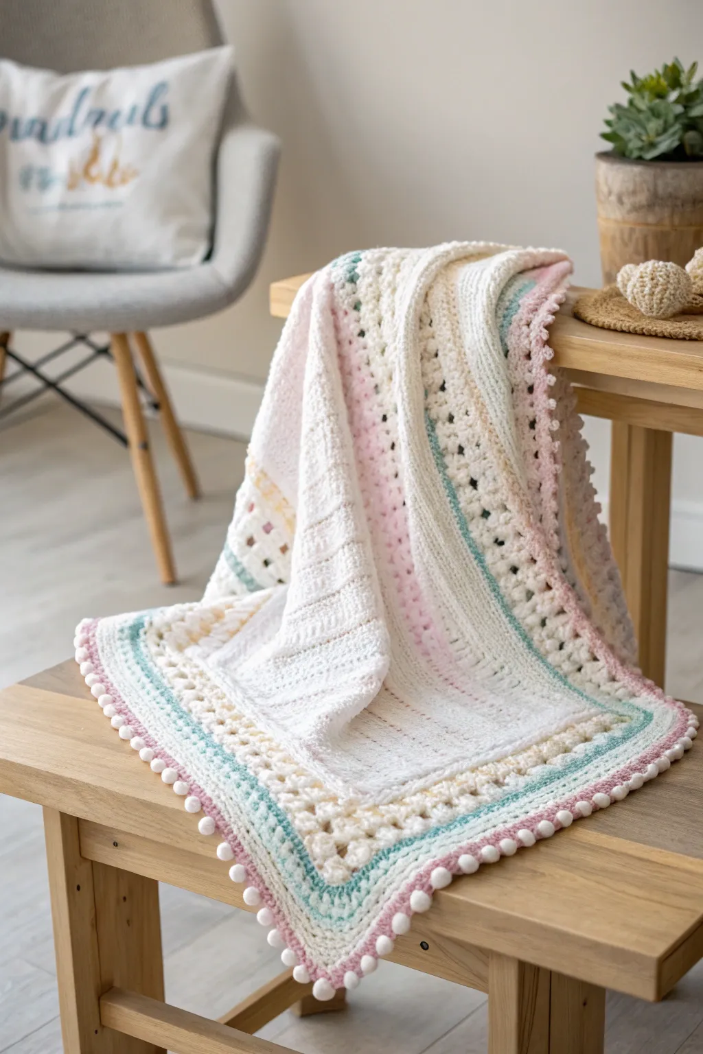 Delight in the details with this charming crochet baby blanket—where playfulness meets craftsmanship.