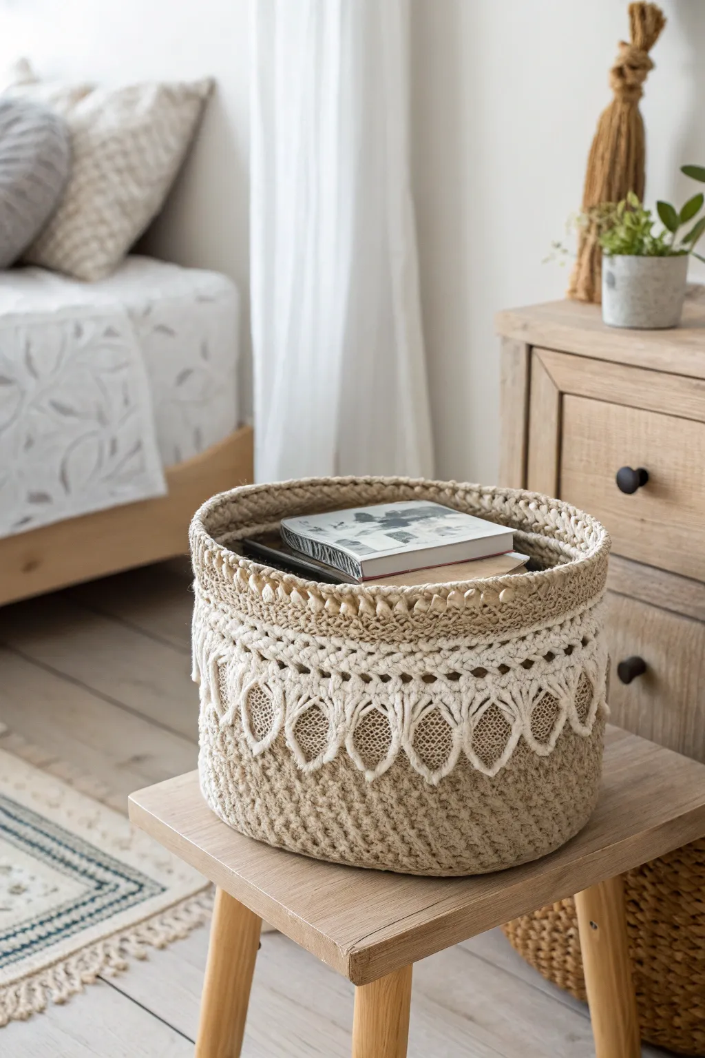 Add a touch of elegance to your space with a lace-detailed crochet basket, perfect for holding your favorite reads.