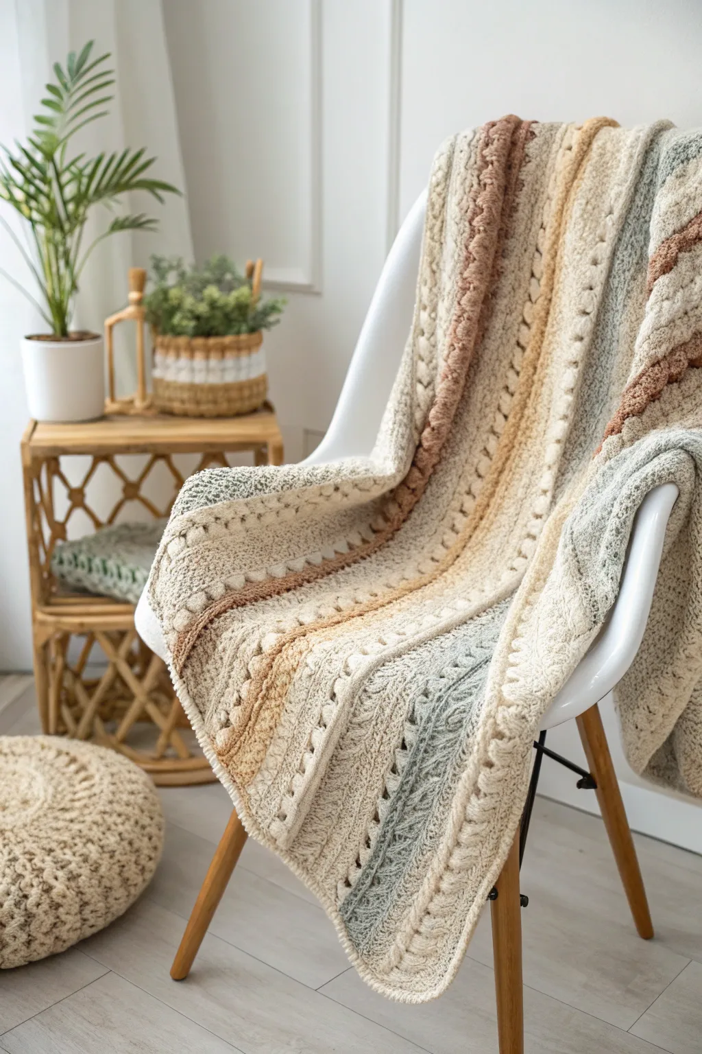 Elevate your space with the exquisite texture of the Alpine stitch crochet blanket. A perfect blend of minimalist elegance and Boho charm!
