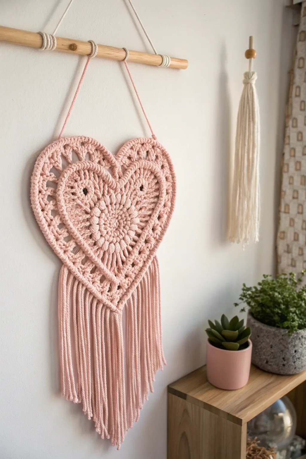 Add a touch of handmade elegance to your space with this charming crochet heart wall hanging.