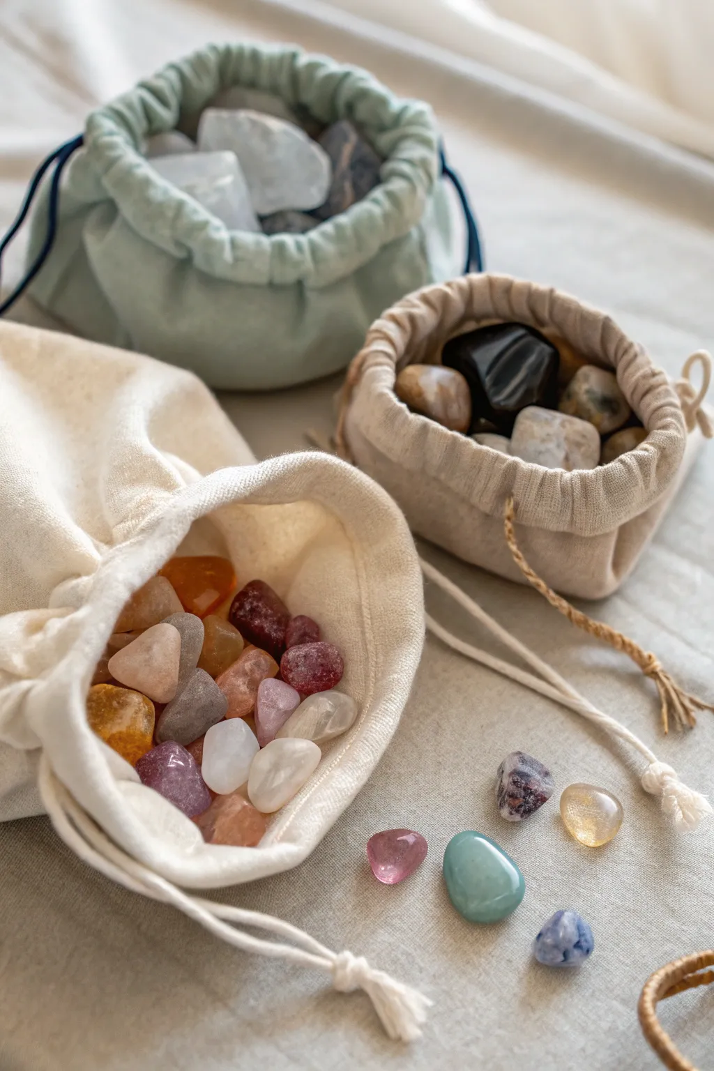 Fabric pouches providing a soft storage option for crystals.
