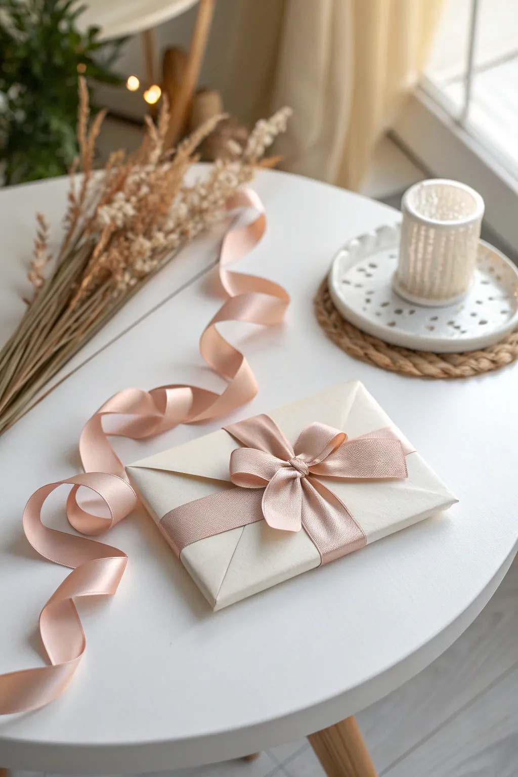 Elevate your gift-giving with a personal touch: a beautifully wrapped gift card with boho-inspired curling ribbons.