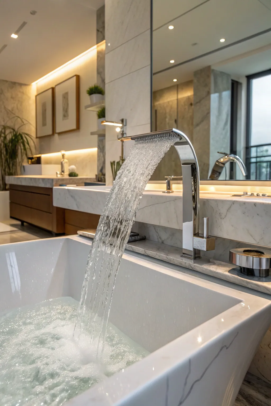 Innovative water features enhance the luxury of this bathroom.