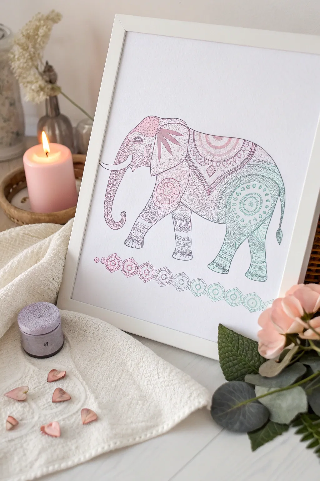Discover the charm of pastel patterns with this beautifully crafted elephant art piece, blending minimalist elegance with Bohemian warmth.
