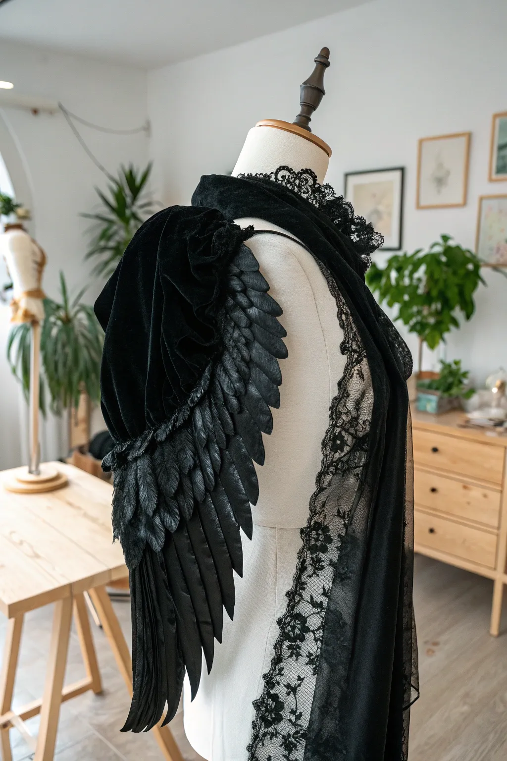 Craft your dark angel look with layered textures: velvet and lace for an ethereal touch.