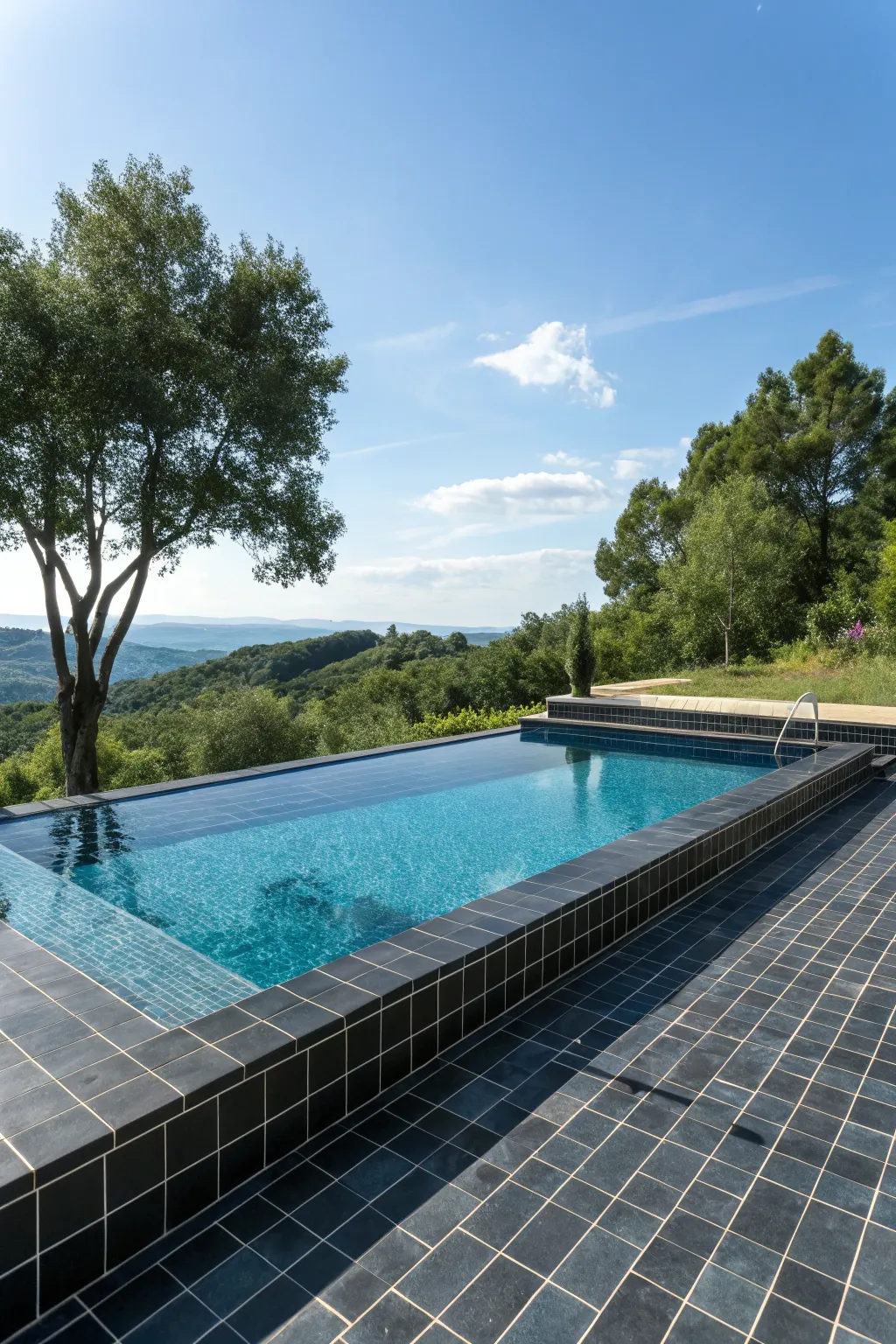 A serene and luxurious poolside with dark tiles.
