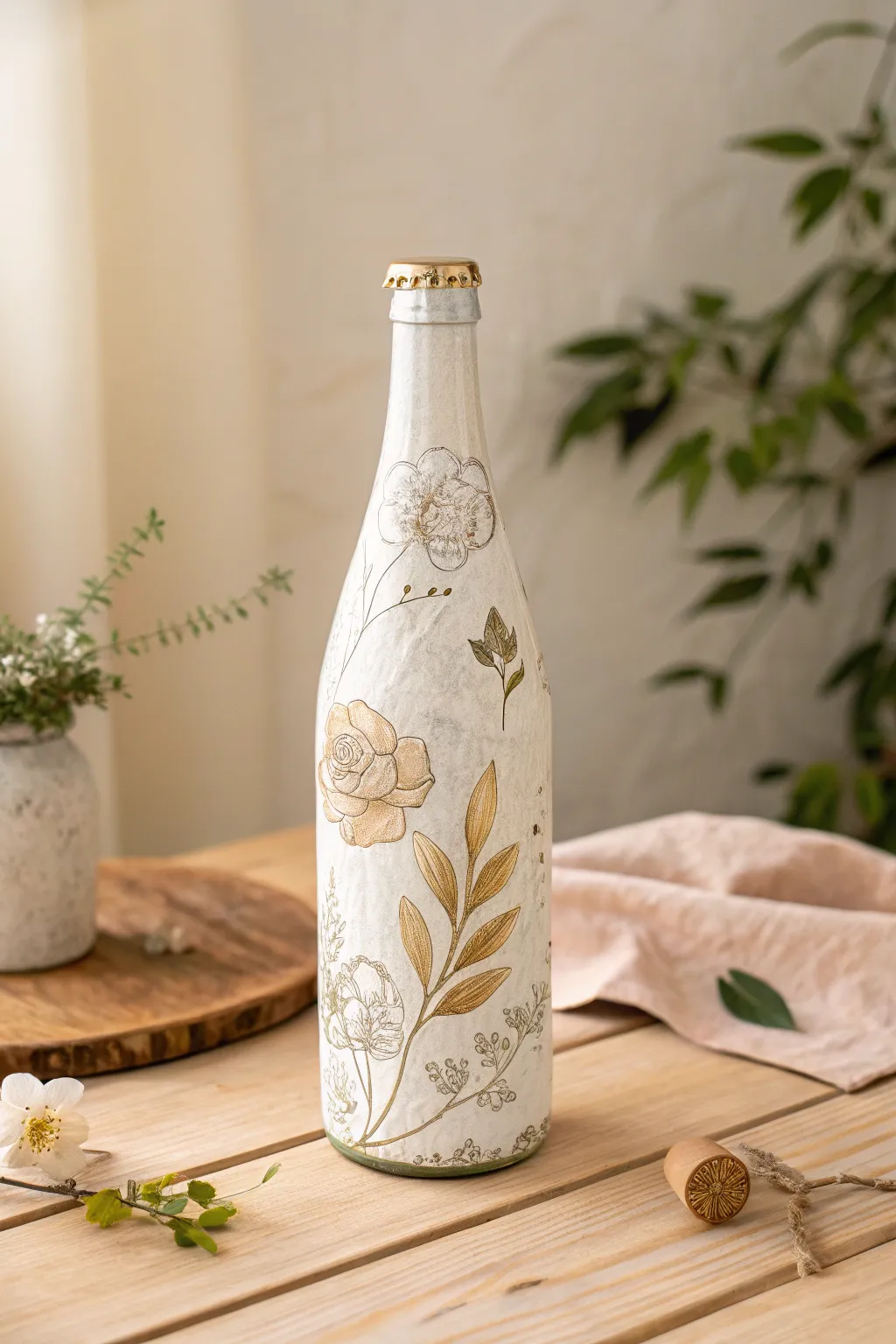 Elevate your holiday decor with elegant decoupage accents on glass bottles for a touch of minimalist charm.