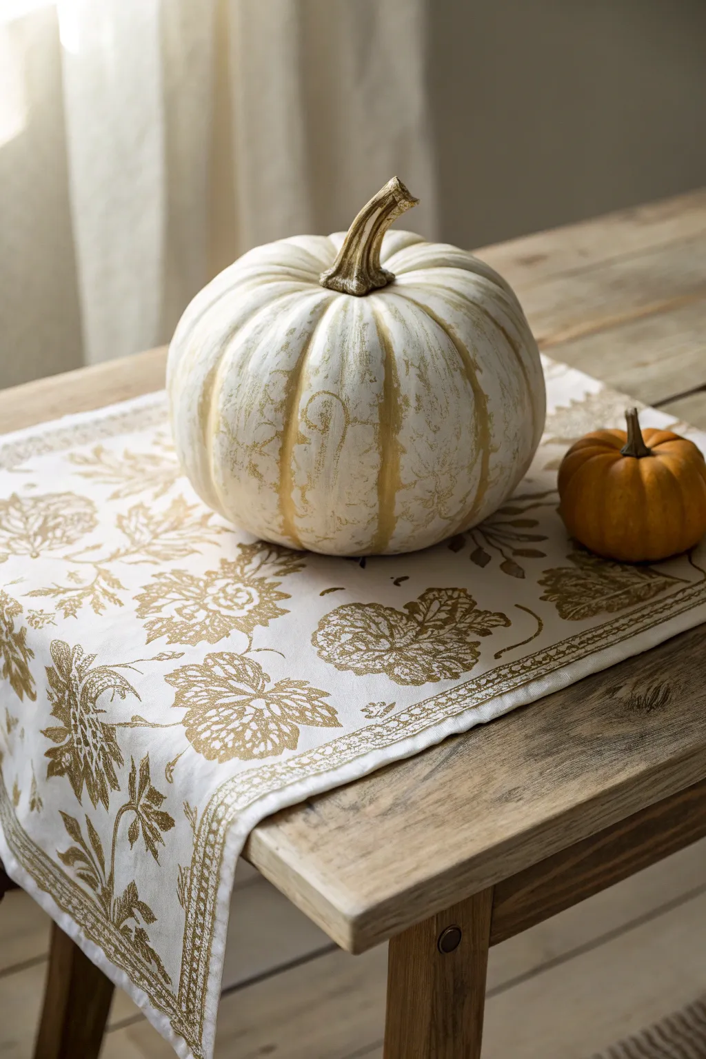 Embrace classic elegance with this beautifully decoupaged damask pumpkin, perfect for adding a vintage touch to your decor.