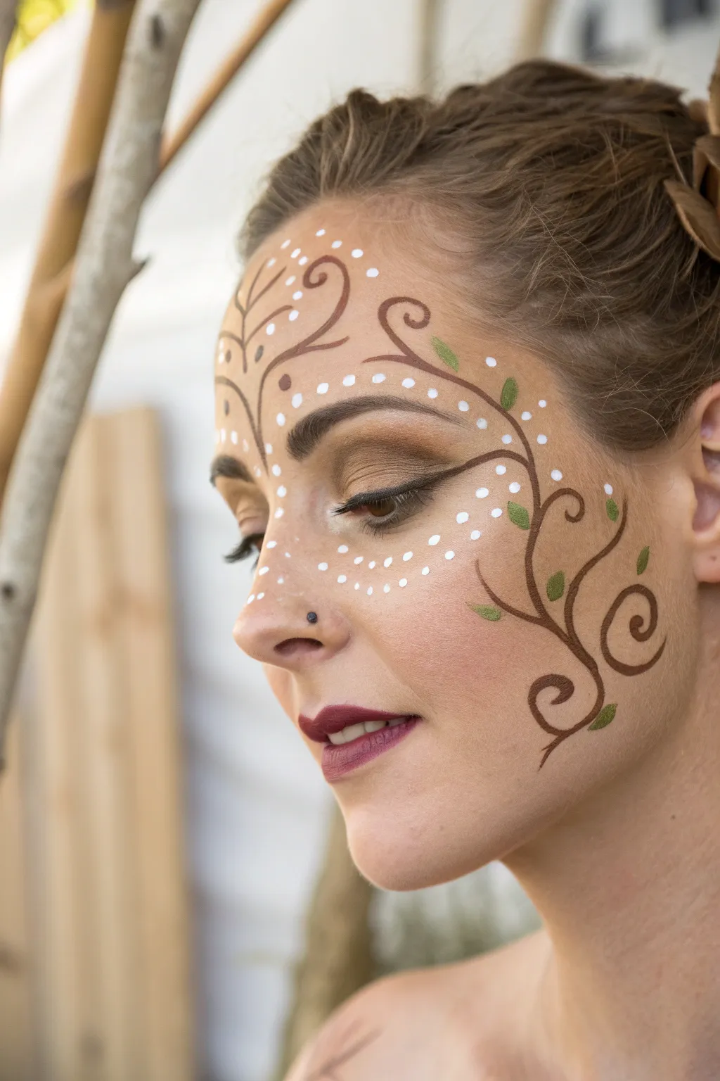 Embrace the magic of nature with playful, swirling patterns. #DeerFacePaint #ScandiBoho