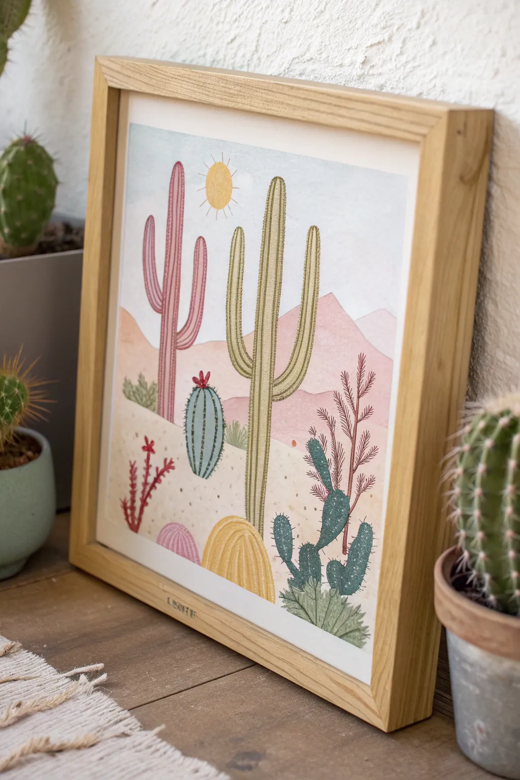 Bring the desert's vibrant charm into your home with this minimalist cactus garden painting.