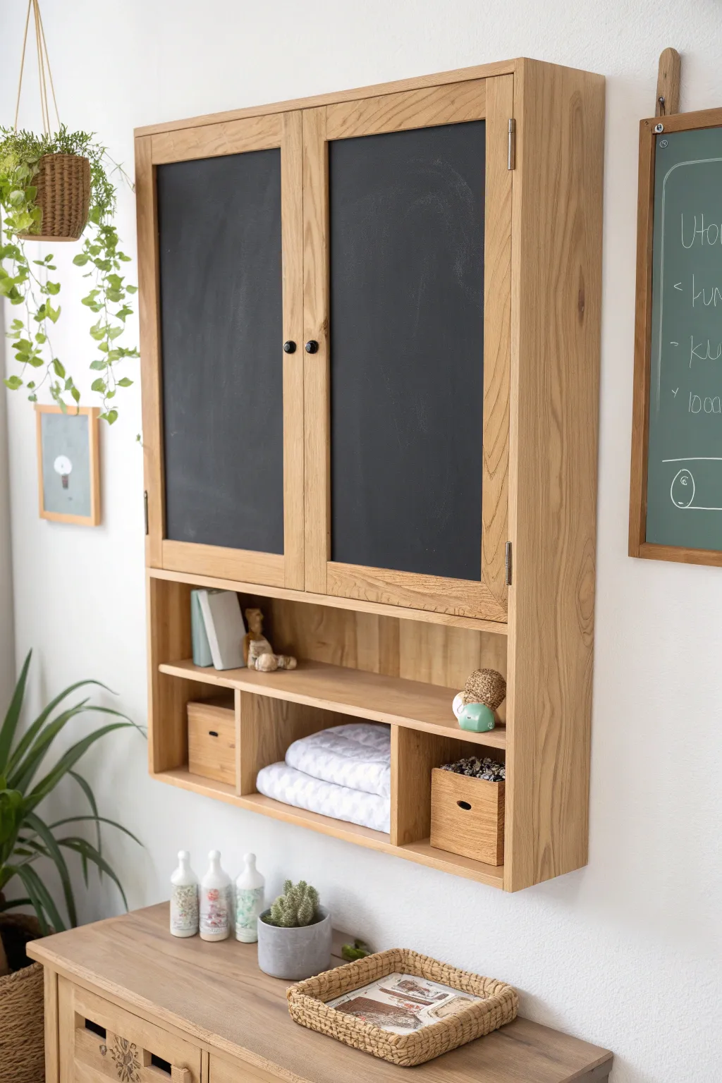 Stylish and functional, this chalkboard cabinet is a creative diaper storage solution with a personal touch!