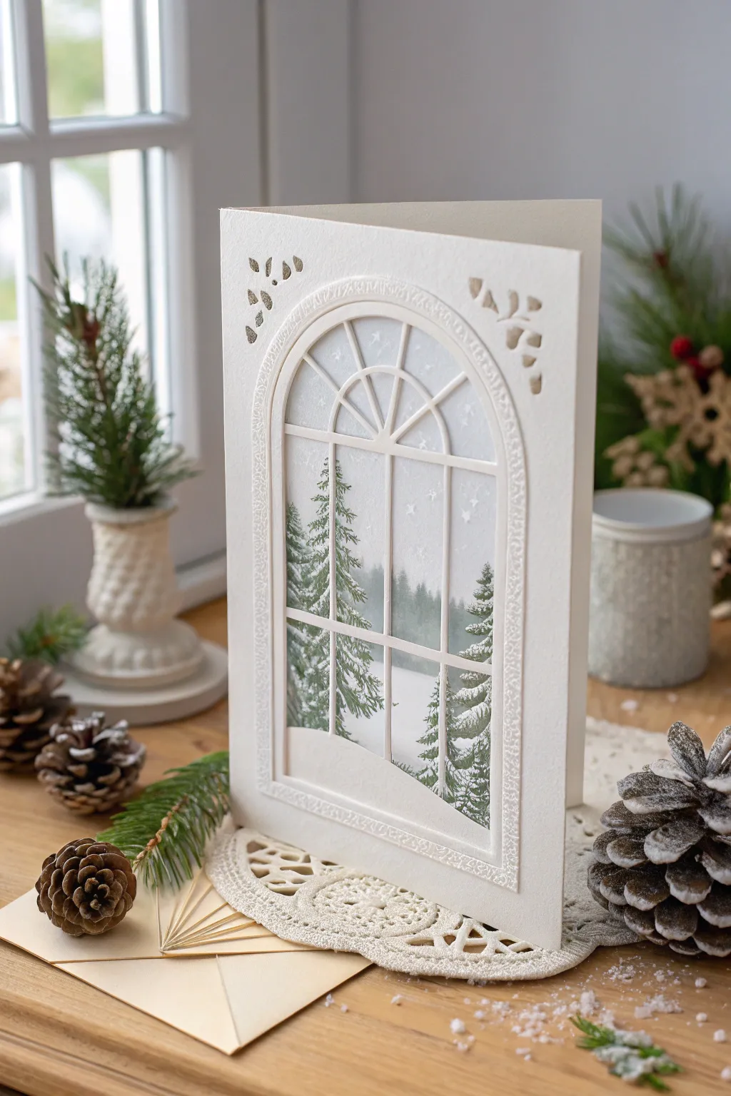Peek into a winter wonderland with this elegant die cut Christmas card. 🎄❄️ #ScandinavianStyle #MinimalistChristmas