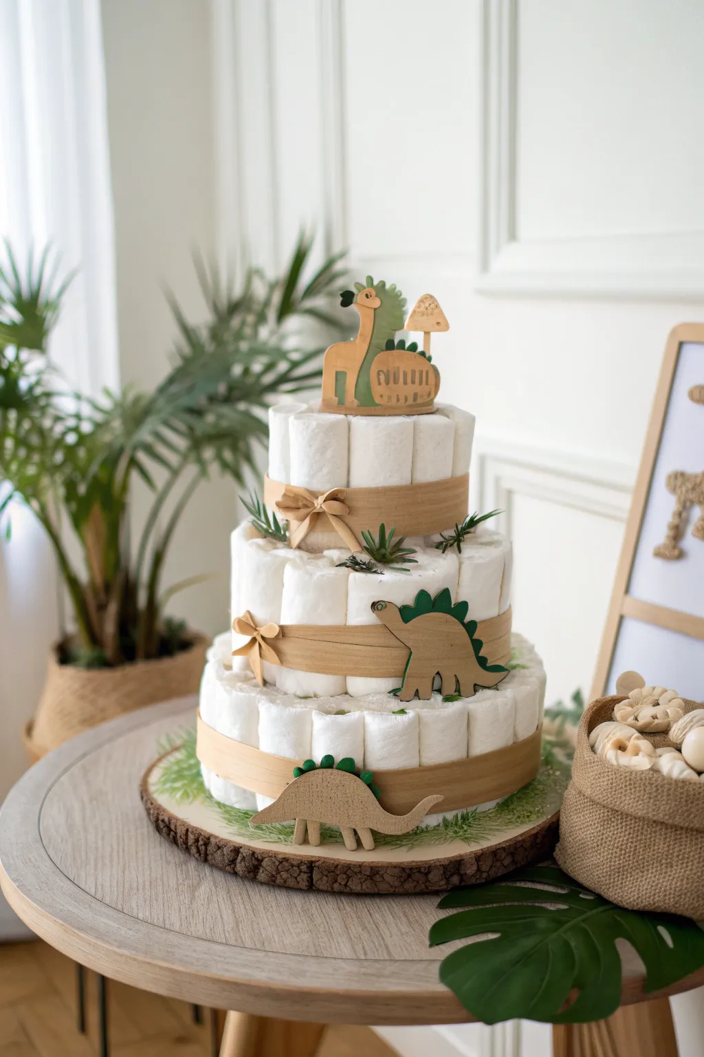 Embrace simplicity and sustainability with this eco-friendly dinosaur diaper cake, crafted with love and care for the planet.