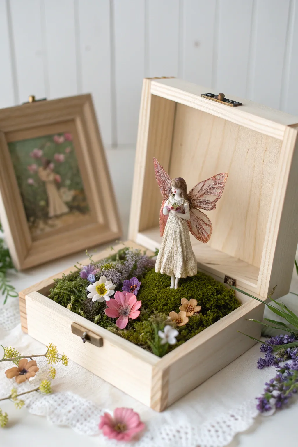 Step into a world of wonder with this enchanted garden diorama, where fairies and blooms come to life in minimalist elegance.